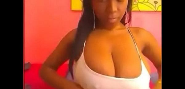  black girl teases with huge boobs in white top